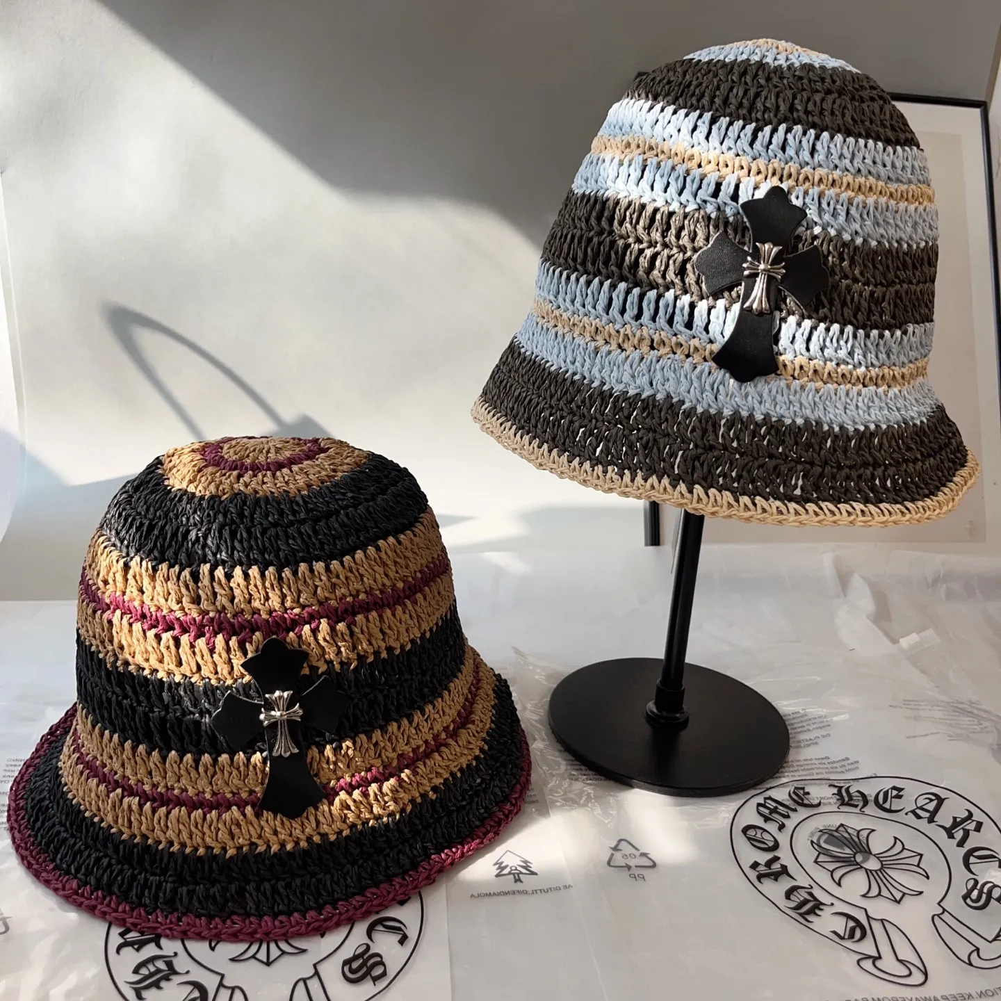 2⃣️5⃣Spring and summer new style️ꫛꫀꪝ❥—— 🖤Crow heart cross logo straw hat 🆕Khaki blue 👌Hand-woven raffia 👒Head circumference 55～58cm